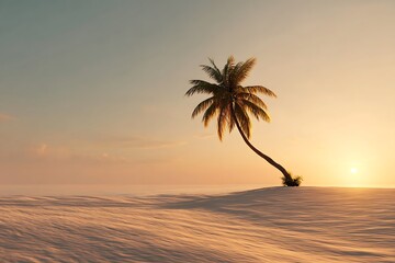 A deserted island with a single leaning palm tree, golden sunset light, minimal glowing background, detailed sand textures
