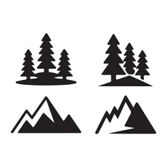 Set of Minimalist Nature Icons Featuring Forest Trees, Evergreen Pine, and Mountain Peak Silhouettes