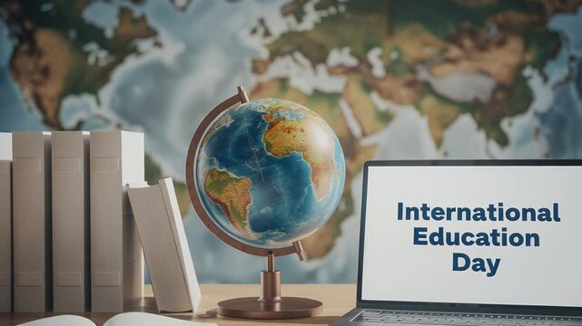 International Education Day setup with globe, books, and laptop
