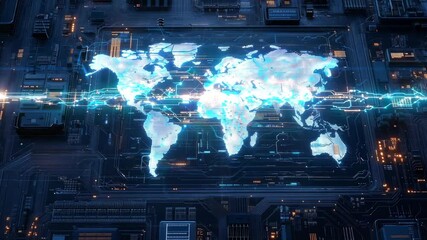 A detailed view of a digital map displaying various parts of the world on a computer interface with active connections - Powered by Adobe