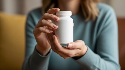 Woman holding a white blank bottle with pills, vitamin, or supplement mock-up. Health care and wellness product display concept.