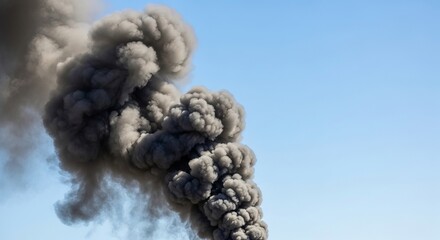 A dark, billowing cloud of industrial exhaust fumes polluting a clear blue sky, depicting a critical air quality and Hoy No Circula environmental awareness concept.