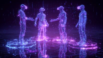 virtual reality collaboration with digital human avatars, futuristic metaverse business meeting concept, abstract neon holographic people in cyber space