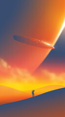 Vector illustration of a futuristic spaceship hovering over a desert landscape with an astronaut silhouette at sunset.