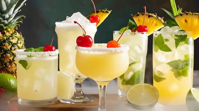 Refreshing tropical cocktails with pineapple, lime, and cherries, perfect for summer.