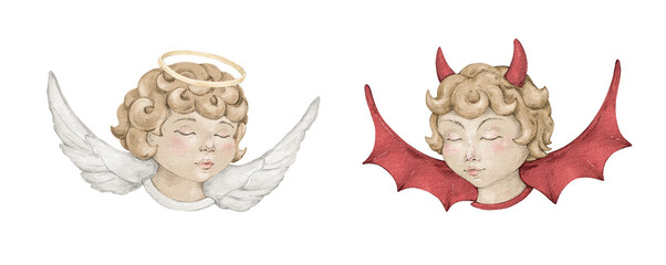 Illustration with cute angel and devil with wings in vintage style