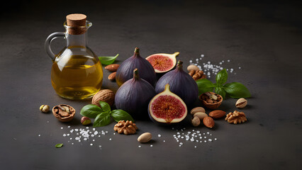 Fig and Olive Oil Still Life with Nuts and Fresh Basil on Dark Background