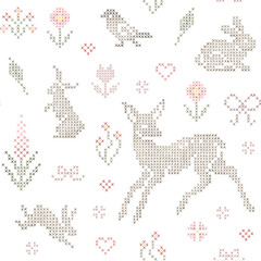 Seamless pattern with cross stitches elements. Ornament animals, flowers, vintage background in folk style. Deer, rabbits, birds © Kate K.