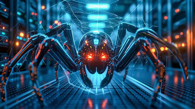 The server room, with a huge spider in the center of the corridor. The theme of cyber threats, hacker attacks, and malware, as well as data protection in the data center.	