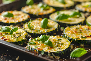 Golden baked zucchini slices with melted cheese and fresh basil topping