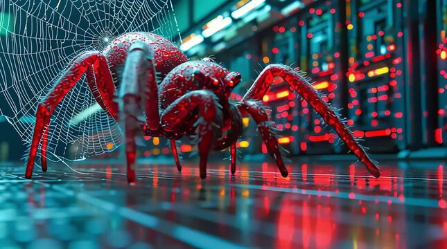 Close-up of a spider against the background of an abstract electronic circuit board with flickering lights. The theme of cybersecurity, computer viruses, malware, and digital threats.