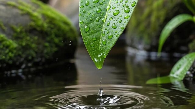 Fresh Green Leaf with Water Droplets Dripping into Stream