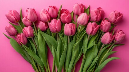 Obraz premium Magnificent Vibrant Tulips Displayed Harmoniously on a Pink Background