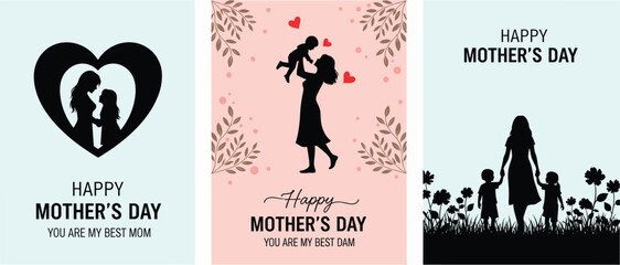 Happy Mothers Day greeting card illustration set with mother child silhouettes love and family themes