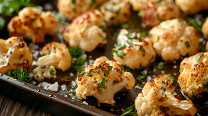 Close-up of golden roasted cauliflower florets with herbs for healthy cooking inspiration