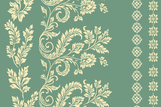 Vintage seamless floral pattern with ornate leaves and scrolling vines in soft cream on a muted green background, inspired by classic wallpaper and elegant interior design.
