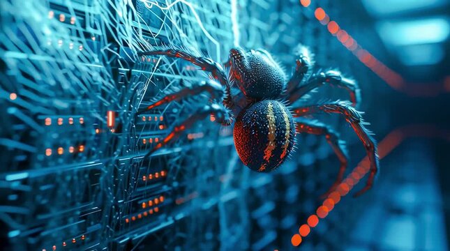 Close-up of a spider against the background of an abstract electronic circuit board with flickering lights. The theme of cybersecurity, computer viruses, malware, and digital threats.