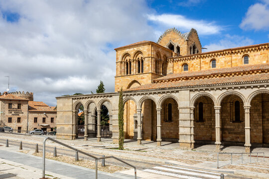 Basilica of San Vicente in Avila, Spain (The Basilica de los Santos Hermanos Martires, Vicente, Sabina y Cristeta), Romanesque architecture church, with cloisters and columns.