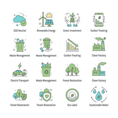 Collection of 16 high-quality vector icons focusing on Net Zero goals, carbon offsetting, green technology, and climate change solutions. Perfect for corporate ESG reports and eco-friendly branding
