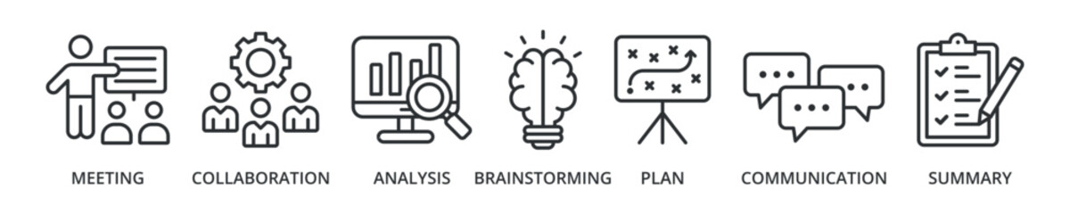 Brief banner icon with meeting, collaboration, analysis, brainstorming, plan, communication, summary
