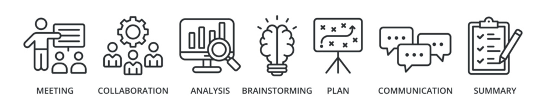 Brief banner icon with meeting, collaboration, analysis, brainstorming, plan, communication, summary