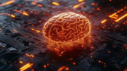 3d digital glowing brain model with futuristic artificial intelligence network