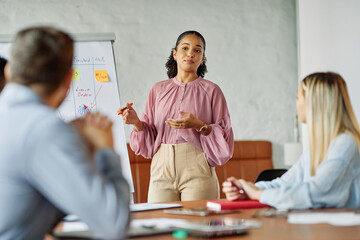 Group of young business people having a meeting or presentation and seminar with whiteboard in the...
