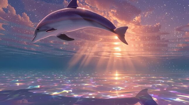 A dolphin in calm water at sunset &mdash; the warm pink-and-gold sky is reflected in the rainbow highlights on the surface. Suitable for themes about the sea, vacation, and nature.