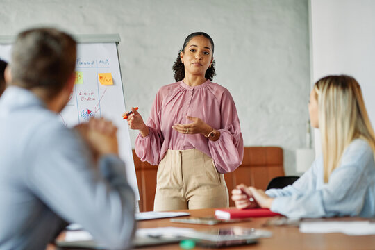 Group of young business people having a meeting or presentation and seminar with whiteboard in the office. Portrait of a young businesswoman leader