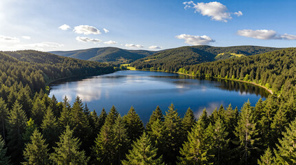 Calm forest lake surrounded by evergreen trees under a partly cloudy blue sky