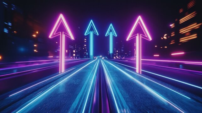 Neon arrows pointing up over a street with light streaks in a cityscape