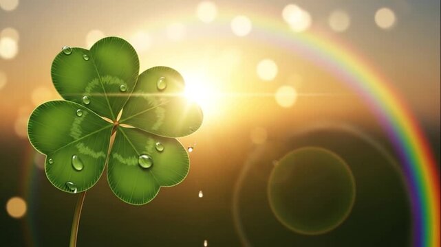 A four-leaf clover with dew drops on its leaves stands alone on the left side against a blurred background of a vibrant rainbow and sunset