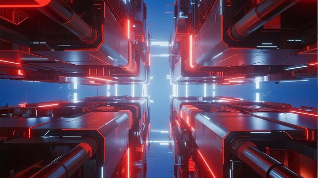 Futuristic corridor with glowing red and blue lights