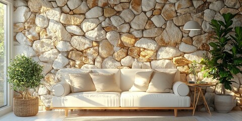 White sofa with beige pillows and floor lamp against window near stone cladding wall. Mediterranean home interior design of modern living room, Generative AI