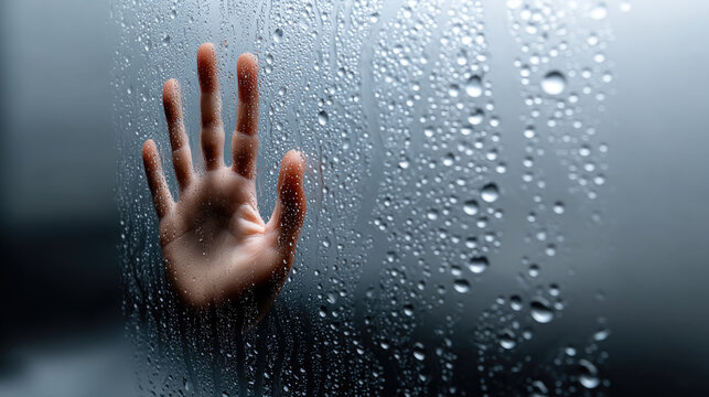 Hand water glass raindrop wet touch transparent moisture condensation closeup emotional - Powered by Adobe