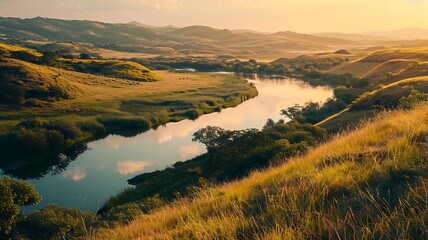 Golden hour scenic river winding through undulating grassy hills and lush wetlands under a soft, warm, and hazy sky