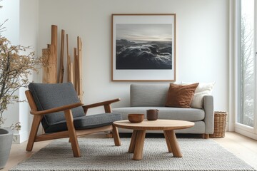 Wooden chair and gray sofa near white wall with big mock up poster frame on white wall. Scandinavian interior design of modern living room, Generative AI