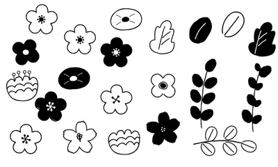 手描き風の花と葉のシンプル植物装飾素材