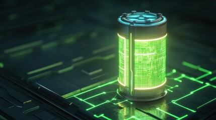 Glowing cylinder on circuit board; green light, tech, futuristic, sci-fi feel