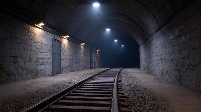 Dimly Lit Metro Tunnel with Rusted Rails and Soft Light Glow Creating Mysterious Atmosphere