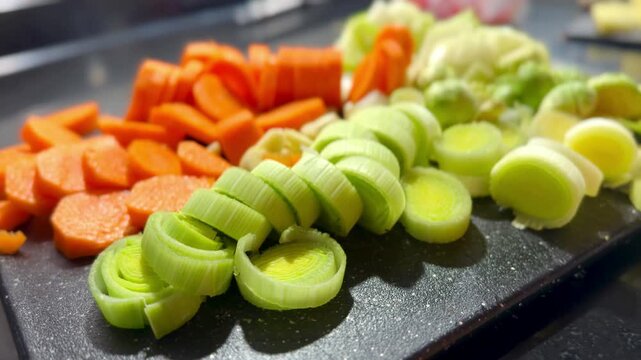 close up of chopped leeks and carrots on vegetable cutting board modern kitchen
