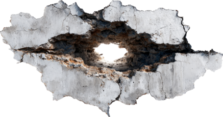 Rugged hole in weathered concrete reveals the rough texture beneath the crumbling facade
