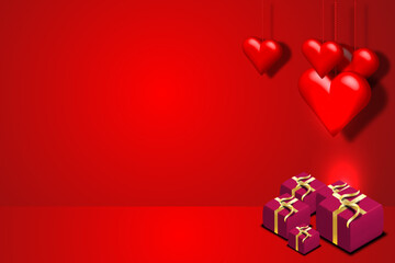 Valentine's day background with red hearts 3d and gift boxes. copy space area