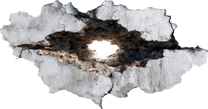 Rugged hole in weathered concrete reveals the rough texture beneath the crumbling facade