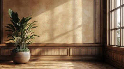 Interior background of room with wooden paneling and beige stucco wall with copy space, pot with grass 3d rendering, Generative AI