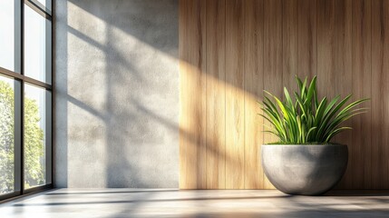Interior background of room with wooden paneling and beige stucco wall with copy space, pot with grass 3d rendering, Generative AI