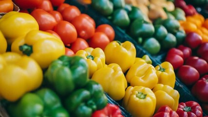 A colorful assortment of fresh bell peppers and tomatoes at the market
