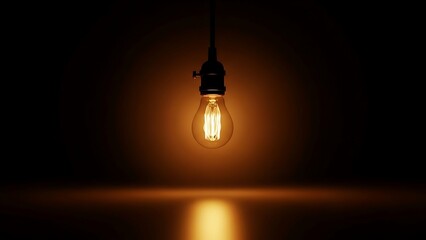 Glowing light bulb hanging from a cord in the dark symbolizing innovation and hope through its warm golden radiance