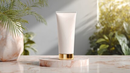 Moisturizing cream displayed elegantly on a marble surface with natural light and greenery in the background