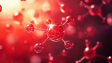 Red glowing atom forming molecular structure on dark science background